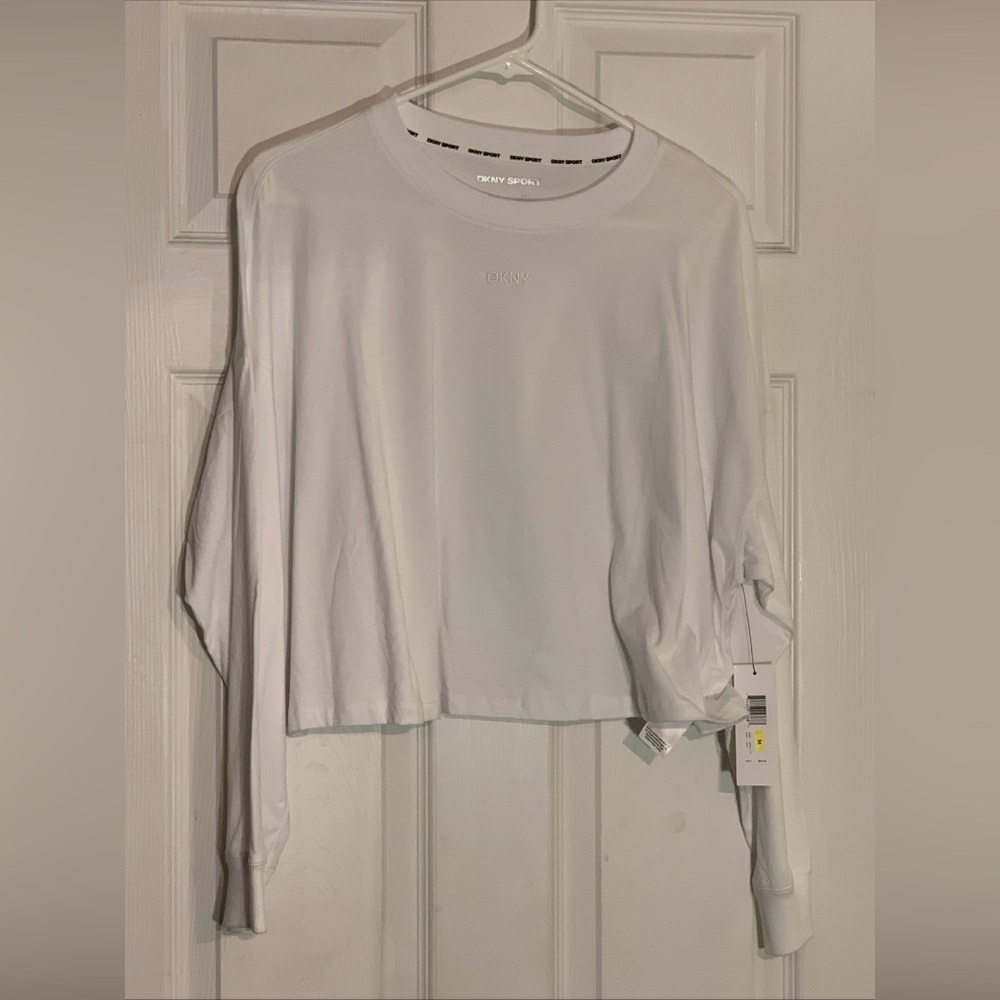 NWT DKNY Sport Long Sleeve Tee Logo Crop Top Activewear White Women's Medium New